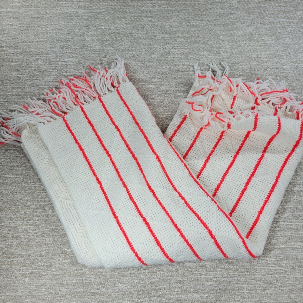 VTG Handmade Crochet Throw White Pink Mosaic Striped Fringe Boho Lap Blanket